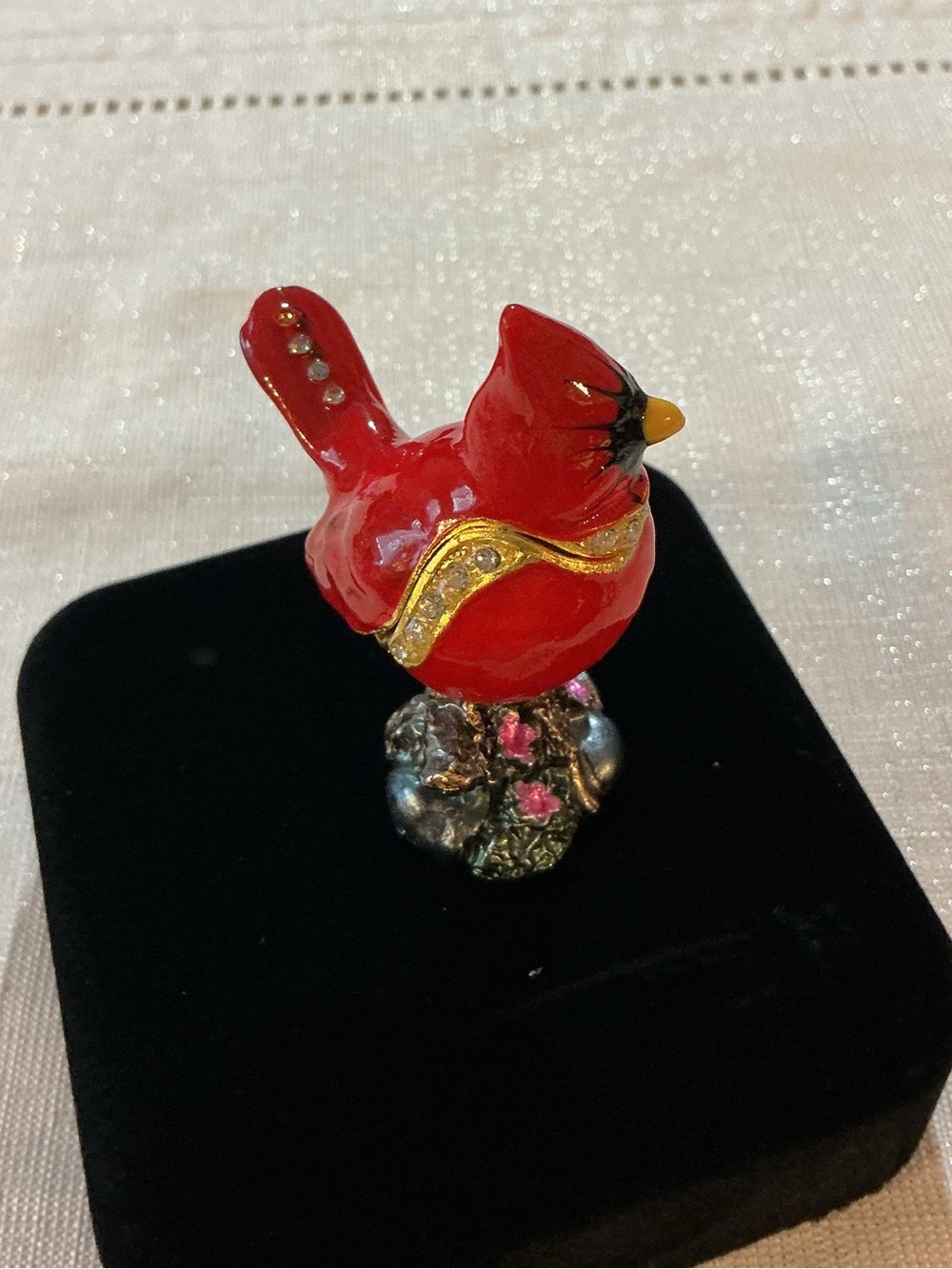 Red Cardinal Figural Enameled Gold Tone Hinged Trinket Box - Picture 5 of 7